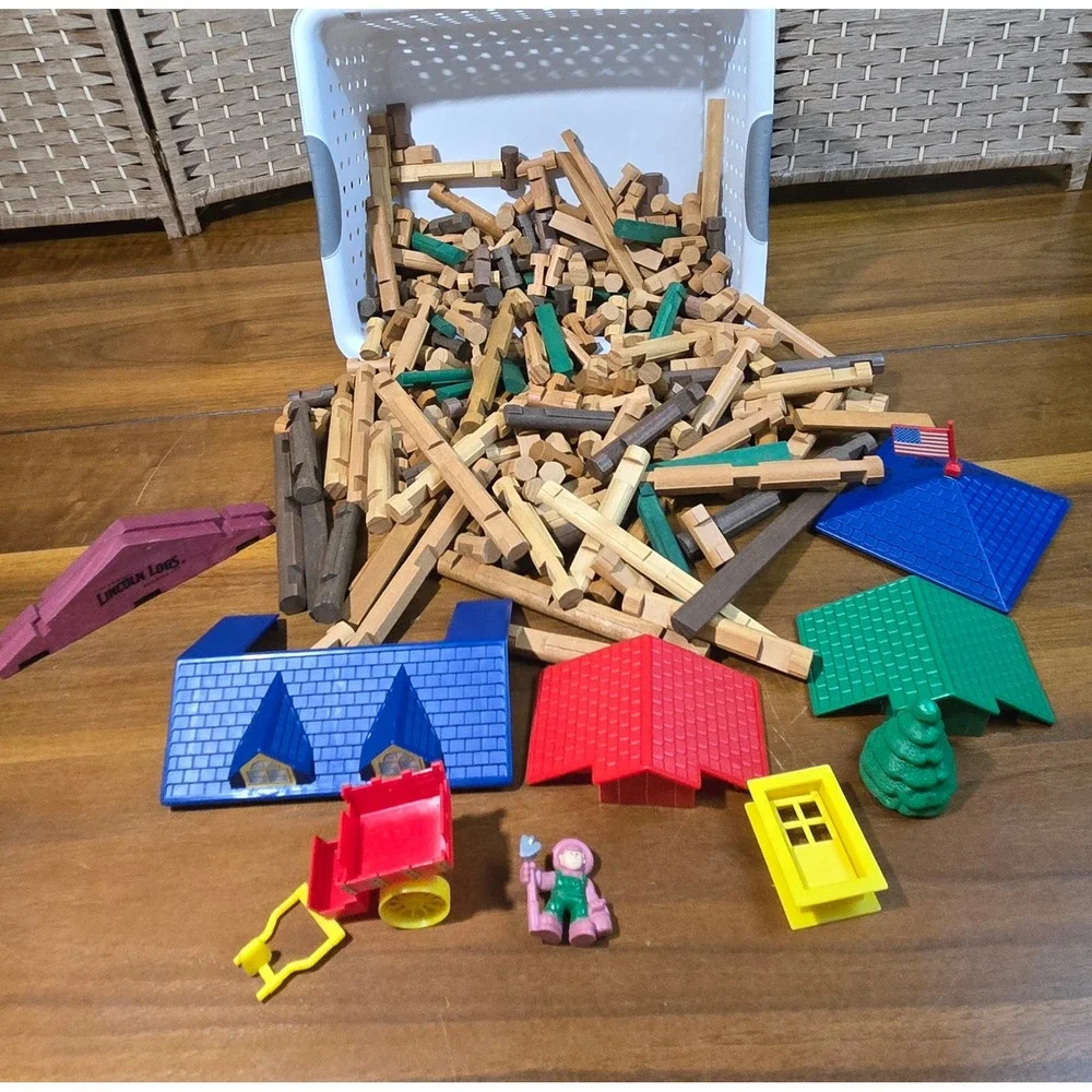 Lincoln Logs Wooden Building Set Bulk Lot 5.5lb Wood Pieces Roofs Figures Wagon